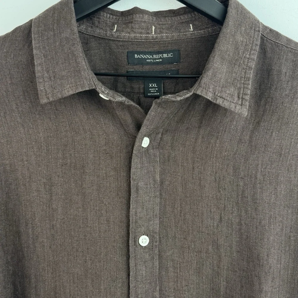 Banana Republic Linen Button Up Shirt Mens XXL Brown Untucked Fit Long Sleeve